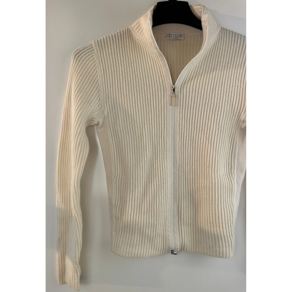 Brunello Cucinelli Cashmere Ribbed Full Zip Cardigan Cream Small Quiet Luxury - Picture 4 of 16